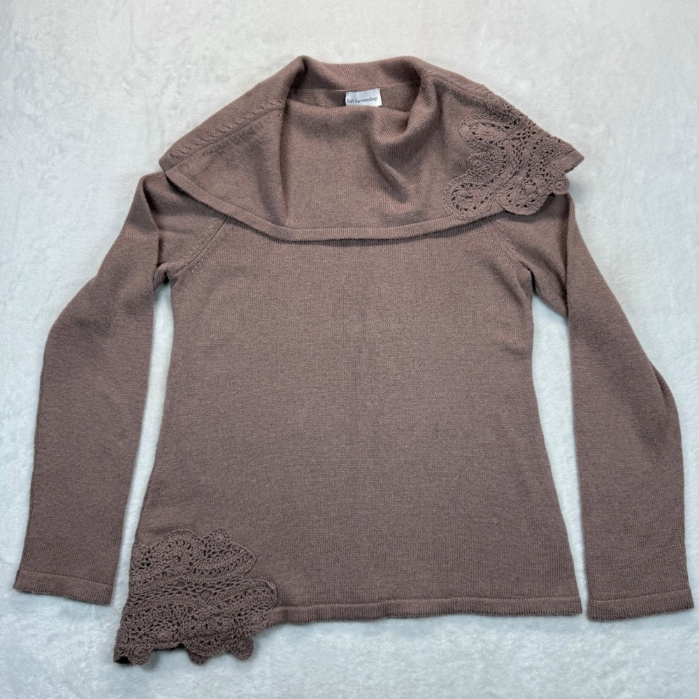 Soft‎ Surroundings Knit Sweater Crochet Trim Collar Long Sleeve Mauve M
